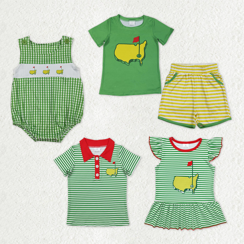 Sibling Baby Boys Girls Golf Green Stripes Shirts Romper Clothes Set Summer Clothes RTS