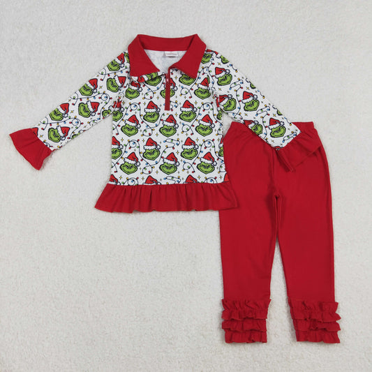 Baby Girl Long Sleeves Green Face Lights Christmas Zipper Shirt Ruffle Pants Set RTS