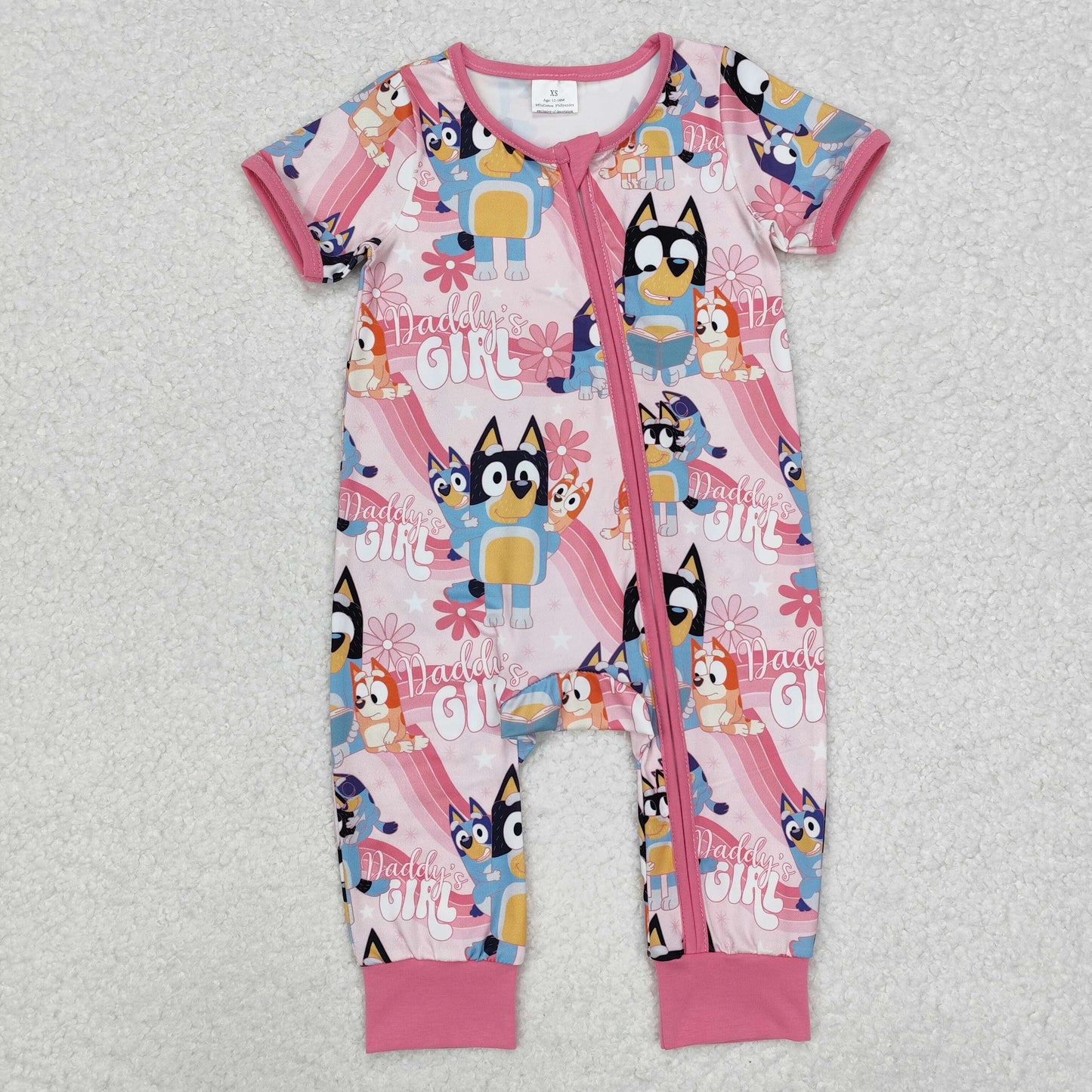 Baby Toddler Infant Short Sleeves Daddy's Girl Dogs Pink Zipper Romper