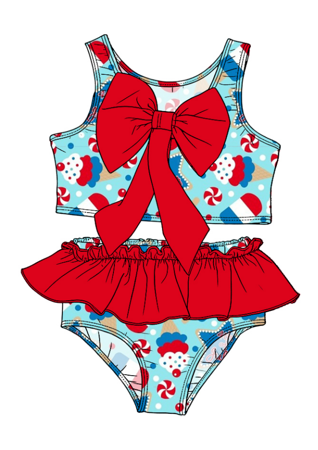 ( Moq 5 Each Style ) Sibling Baby Girls Kids Stars Tops Ruffle Shorts 4th of July Bows Sets Summer Swimsuits