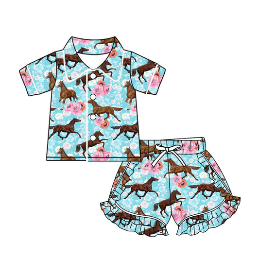 Baby Girl Short Sleeves Buttons Short Summer Horse Flower Pajamas Blue Set Moq 5