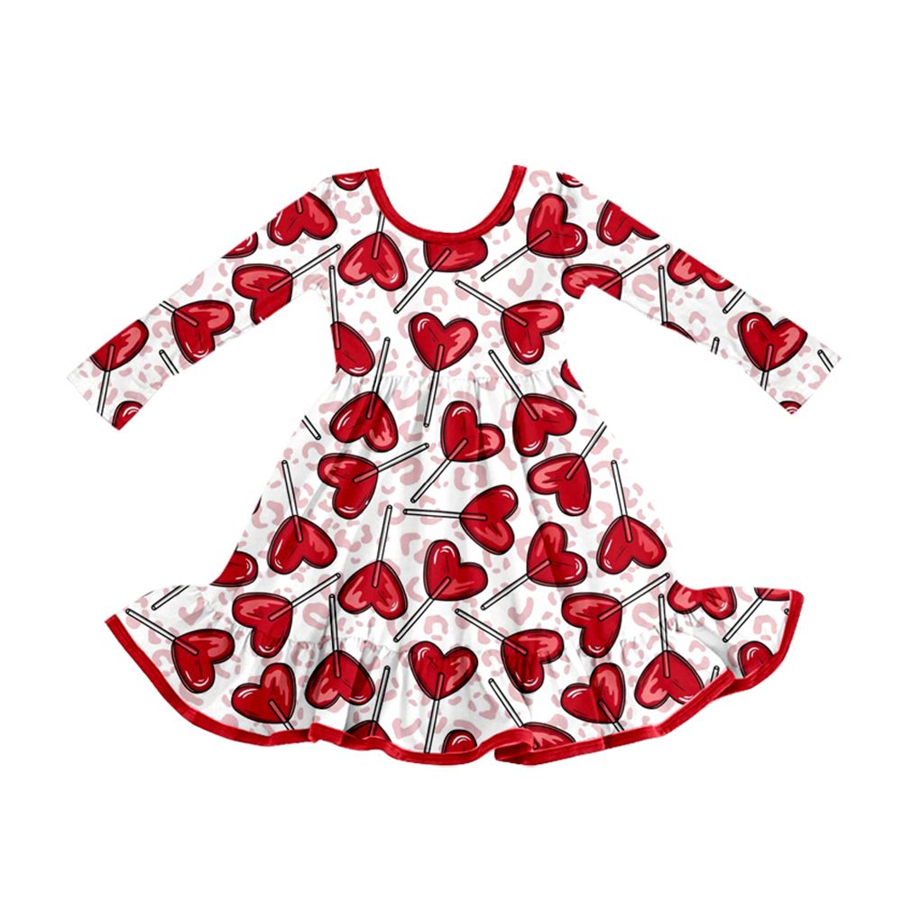 ( Moq 5 ) Preorder Baby Girls Kids Long Sleeves Hearts Leopard Valentine Knee Length Ruffle Dress Clothes