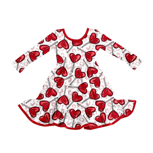 ( Moq 5 ) Preorder Baby Girls Kids Long Sleeves Hearts Leopard Valentine Knee Length Ruffle Dress Clothes