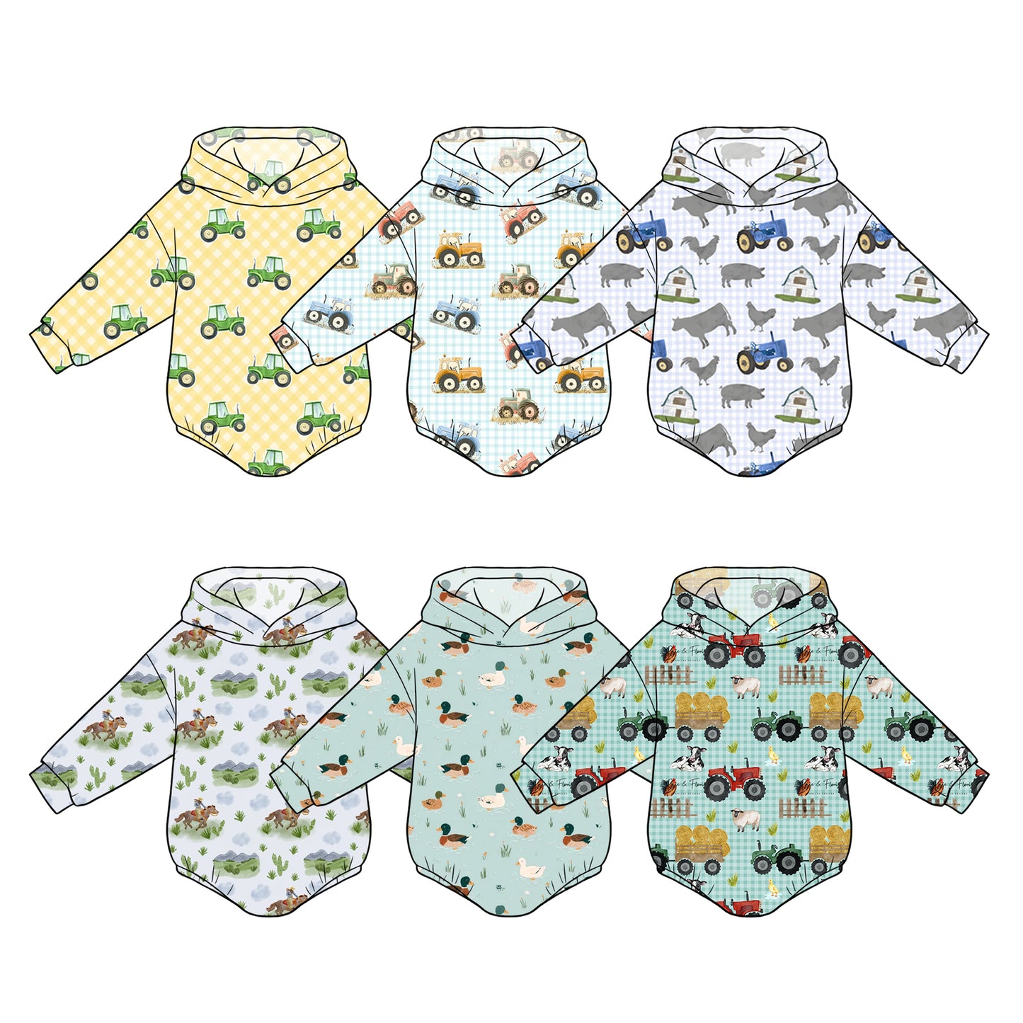 ( Moq 5 Each Style ) Sibling Baby Boys Infant Long Sleeves Tractors Ducks Hoodie Bubble Rompers Clothes