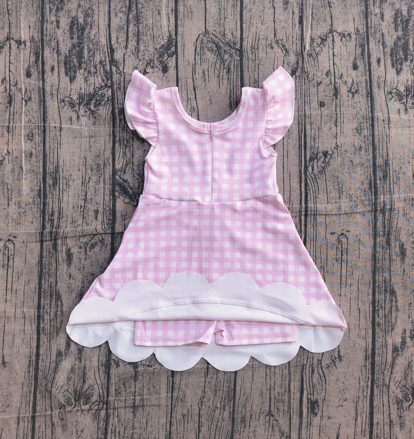 ( No moq ) Preorder Baby Girls Kids Short Sleeves Pink Plaid Yoga Active Knee Length Dress