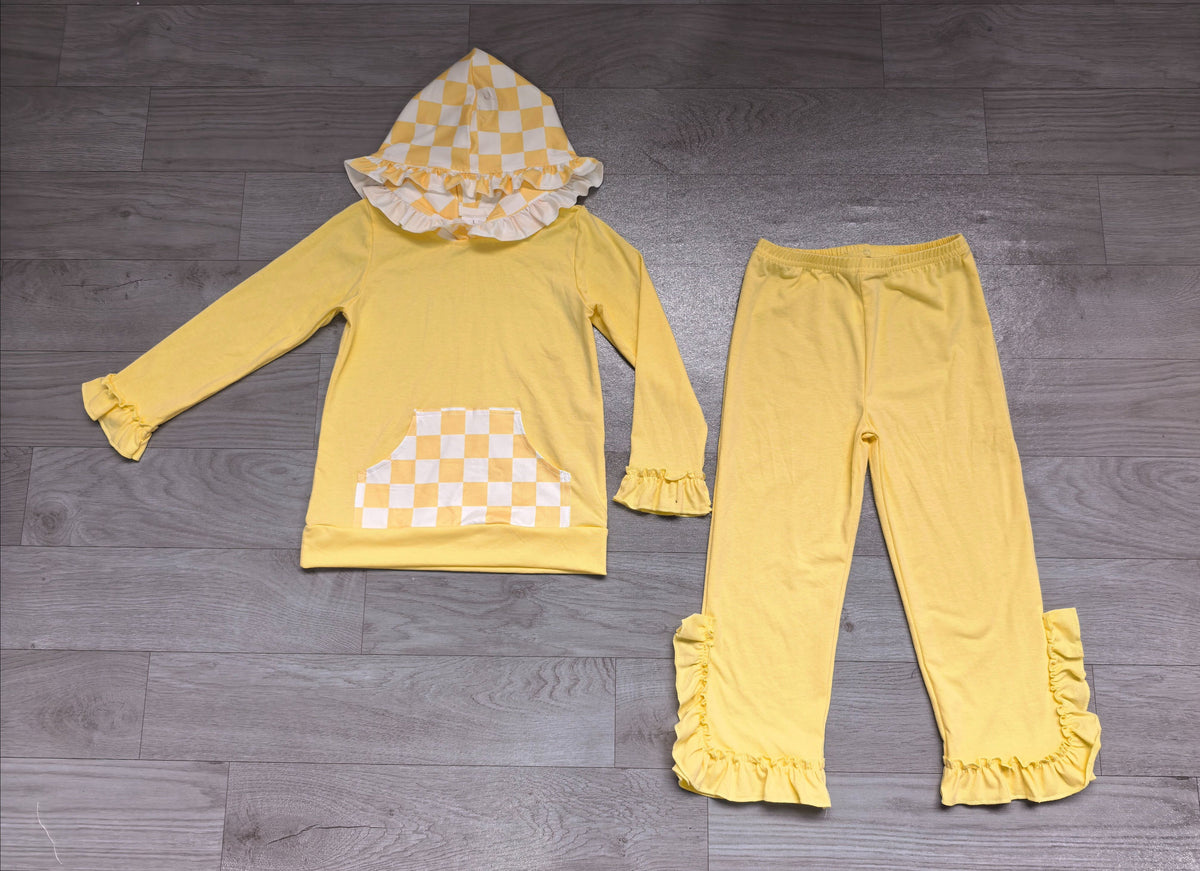 ( No moq ) Preorder Baby Girls Kids Checked Pocket Hoodie Shirt Pants Yellow Set Cotton Clothes