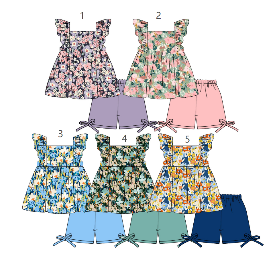 ( Moq 5 Each Style ) Sibling Baby Girls Kids Short Sleeves Flower Tops Shorts Sets Summer Clothes