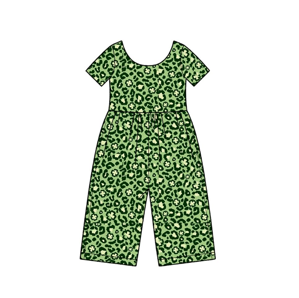 ( Moq 5 ) Preorder Baby Girl Kids Short Sleeves Leopard Green Pants Jumpsuit St Patrick Clothes