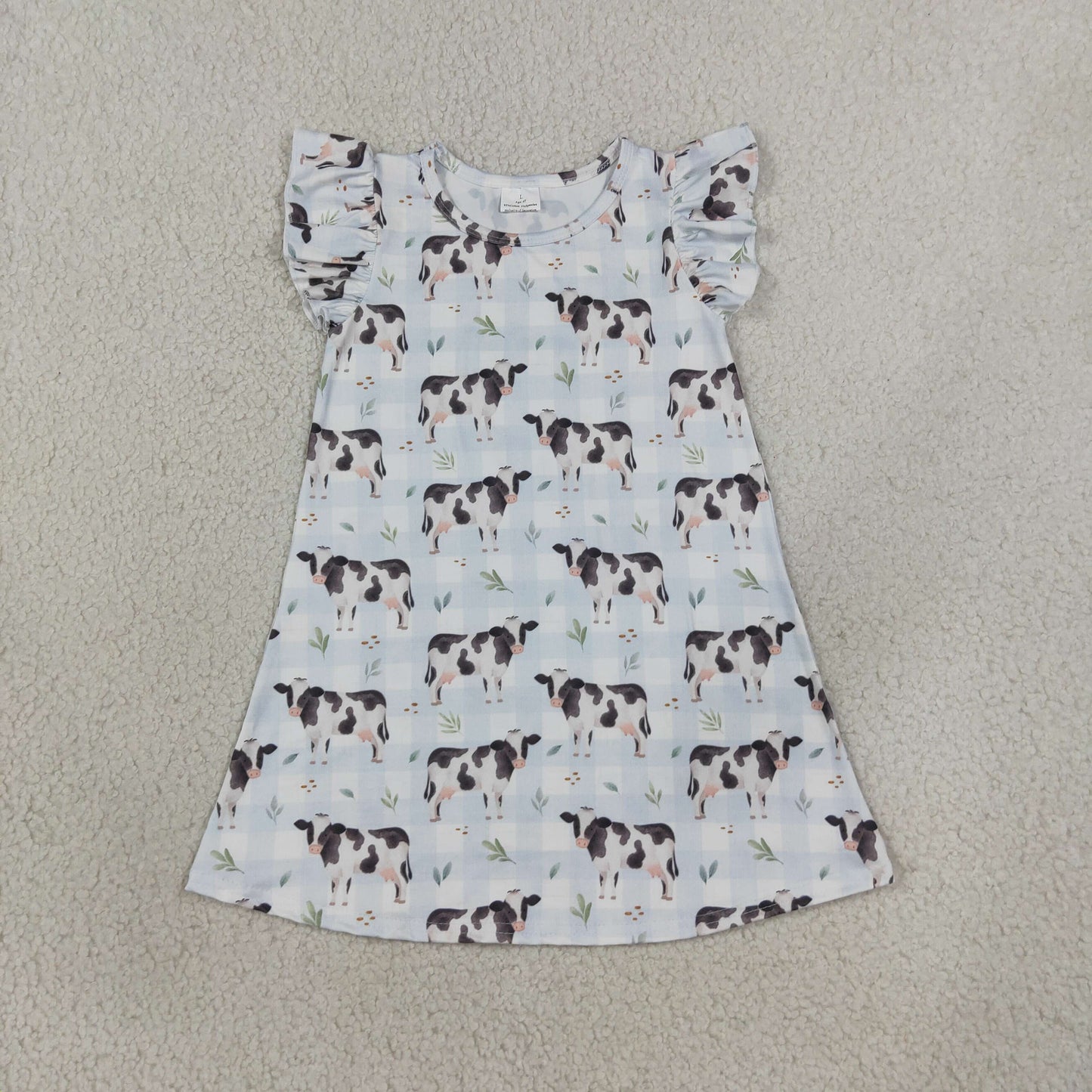 Baby Girls Short Sleeves Cows Blue Plaid Knee Length Dress RTS