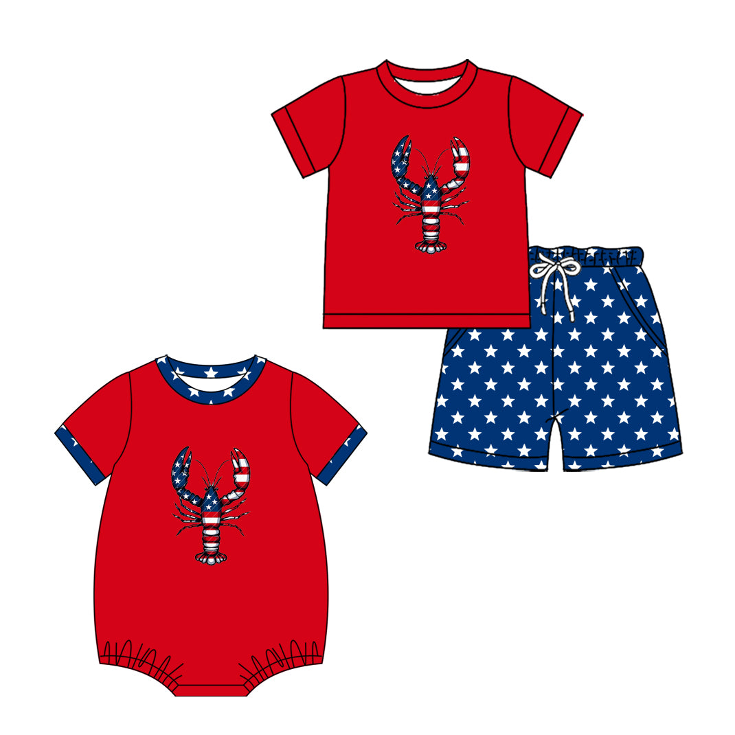 ( Moq 5 Each Style ) Sibling Baby Boys Kids Crawfish Stars Shirt Pockets Shorts 4th of July Set Romper