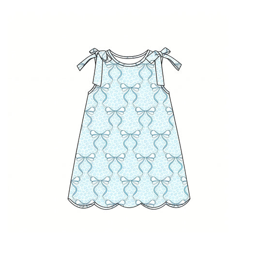 ( Moq 5 ) Preorder Baby Girls Kids Sleeveless Blue Bows Leopard Knee Length Dress