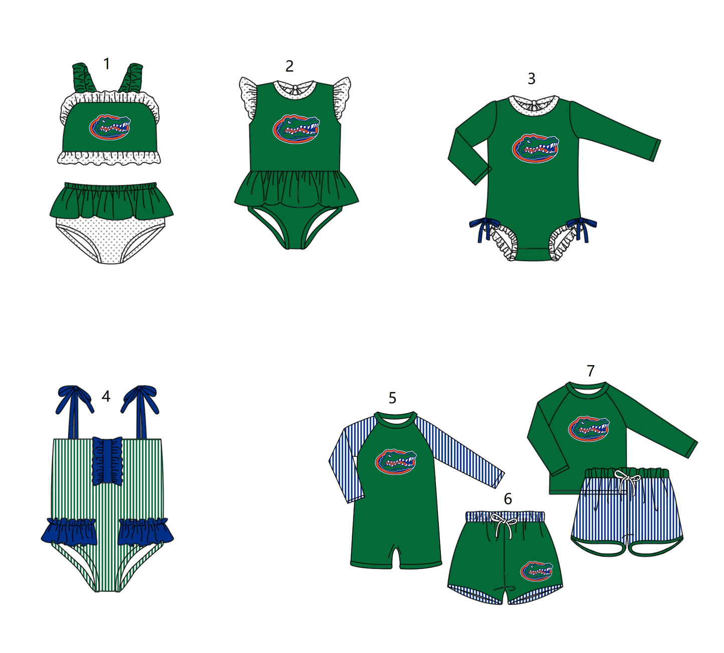 ( Moq 5 Each Style ) Baby Boys Girls Kids Team Sibling Green Jumpsuits Sets Swimsuits