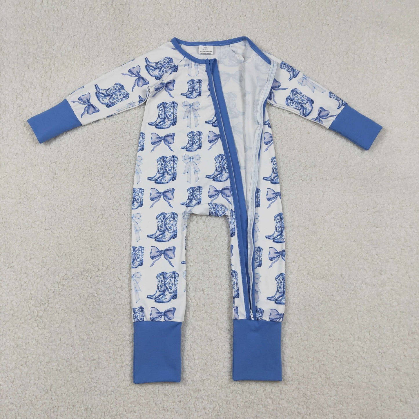 Baby Girl Long Sleeves Blue Bows Boots Western Zipper Pajamas Romper RTS