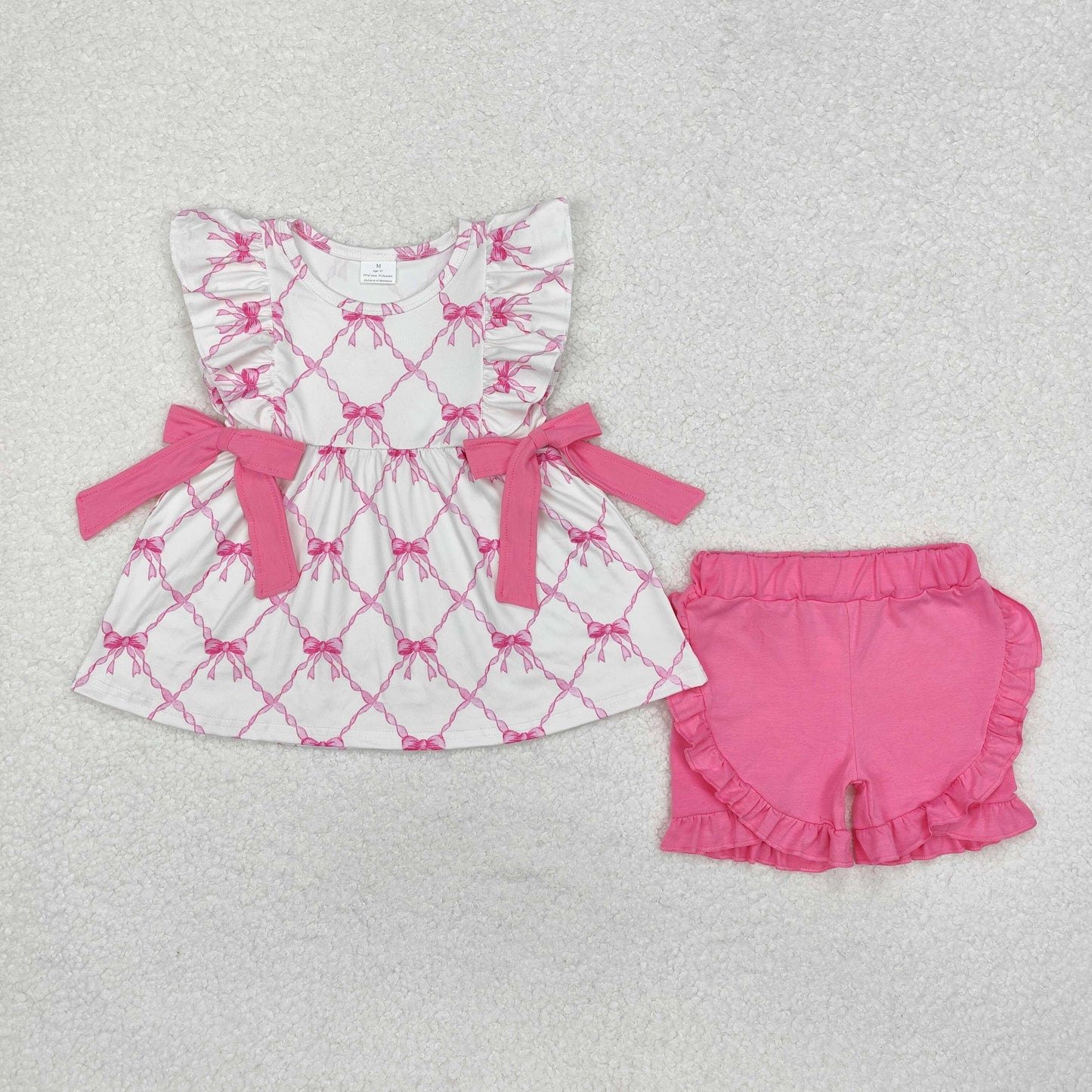 Baby Girl Pink Short Sleeves Bows Tunic Ruffle Shorts Clothes Set