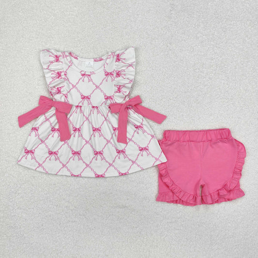 Baby Girl Pink Short Sleeves Bows Tunic Ruffle Shorts Clothes Set