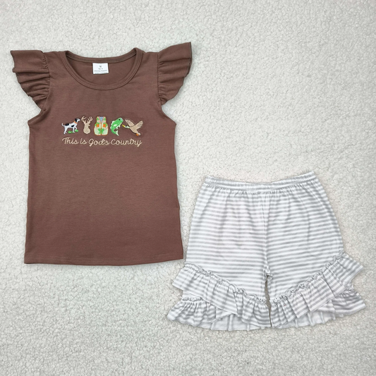 Baby Girl Short Sleeves Embroidery Ducks Deer Fish Shirt Ruffle Stripes Short Hunting Set RTS