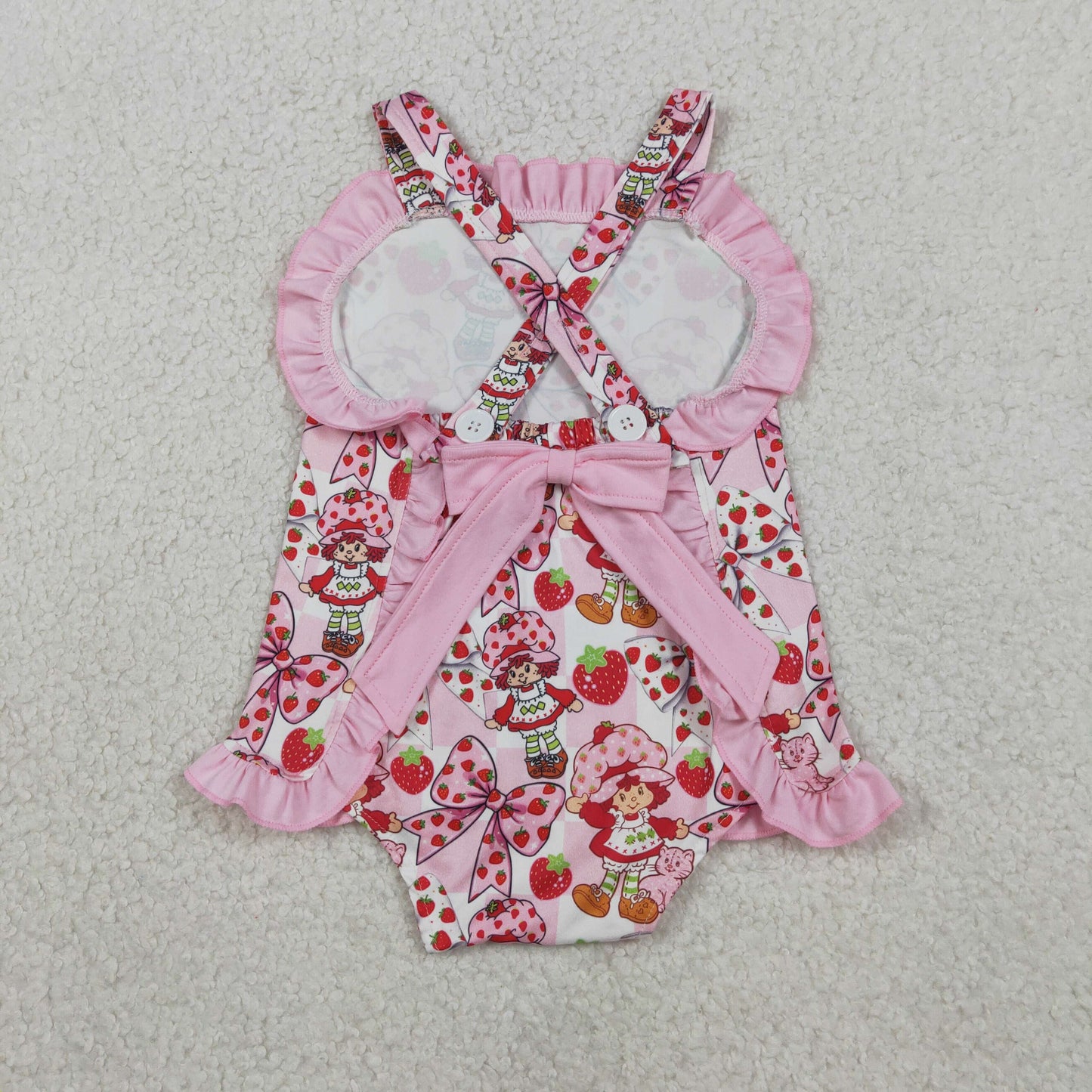 Baby Girls Infant Sleeveless Strawberry Pink Bows Ruffle Romper RTS