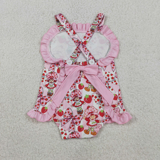 Baby Girls Infant Sleeveless Strawberry Pink Bows Ruffle Romper RTS