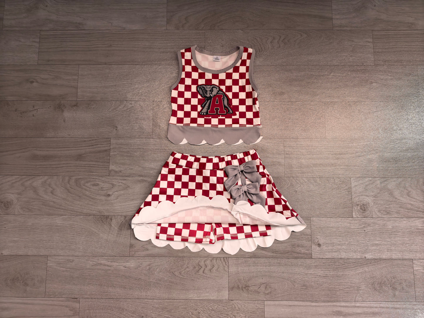 ( No moq ) Preorder Baby Girls Kids Elephant Checked Shirt Scallop Bows Skirt Shorts Team Set Yoga Active Clothes