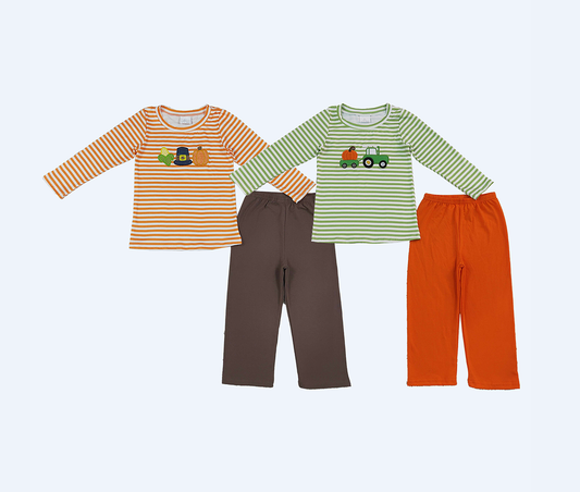 Sibling Baby Boys Kids Embroidery Pumpkin Stripes Shirts Pants Sets Thanksgiving Clothes RTS