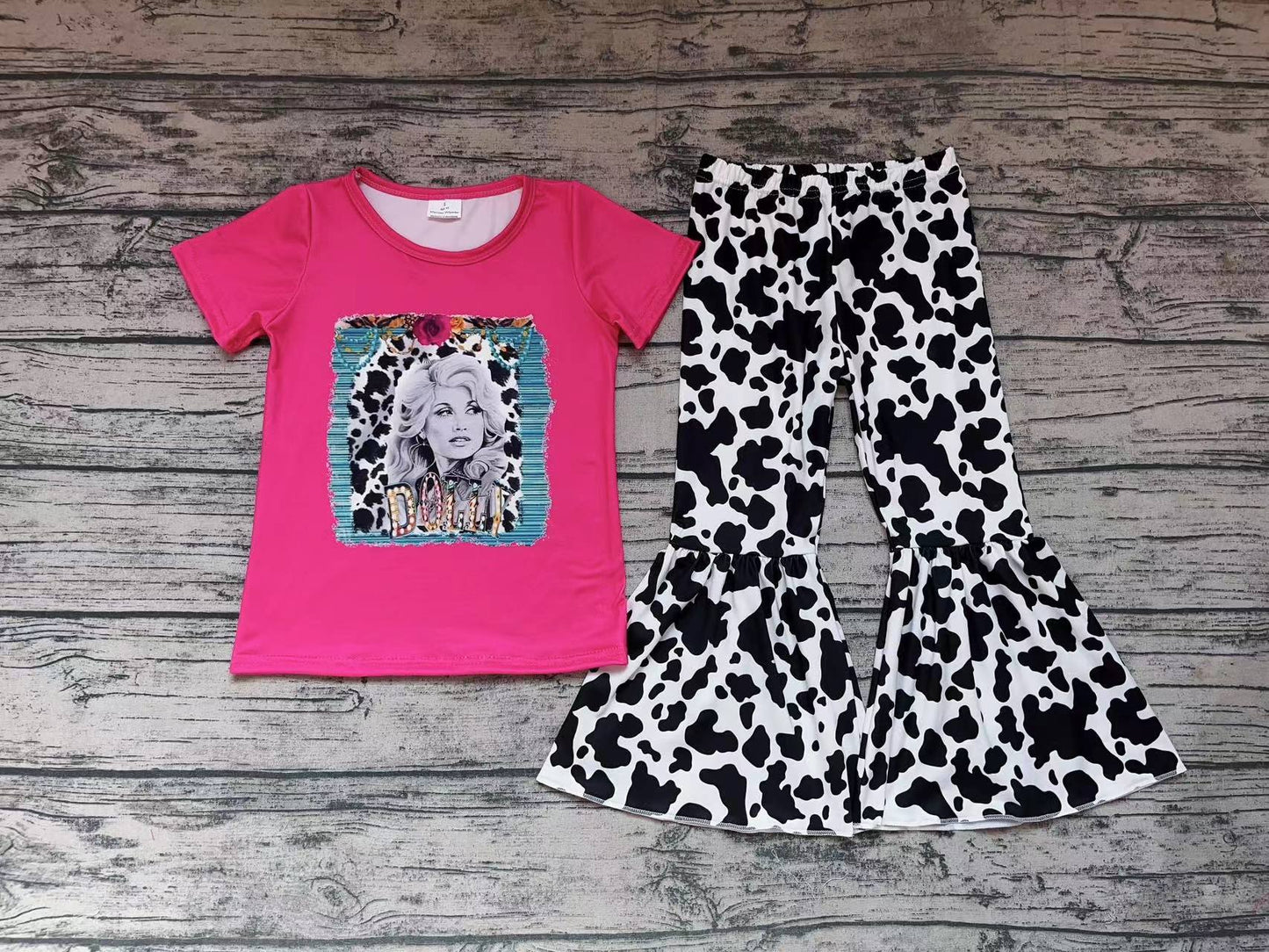 No moq Pre-order GSPO1110 Baby Girl Short Sleeves Singer Shirt Western Cow Print Pants Set