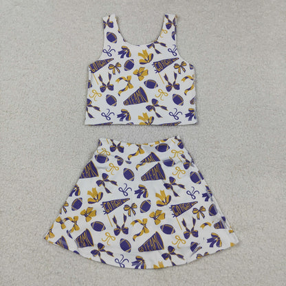 Sibling Girl Kids Cheer Purple Bows Football Team Zipper Romper Dress Set RTS
