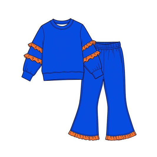 ( Moq 5 ) Preorder Baby Girls Kids Orange Ruffle Long Sleeves Shirt Pockets Pants Cotton Set Blue Clothes