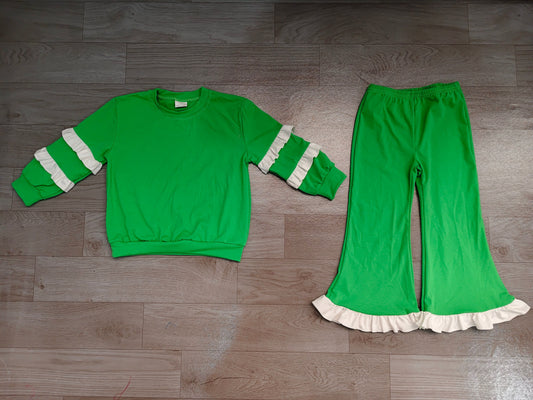 ( No moq ) Preorder Baby Girls Kids Long Sleeves Tops Bell Pants Green Set Cotton Clothes