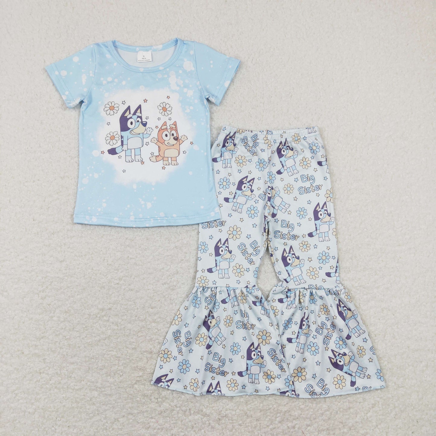 GSPO1335 Baby Girl Short Sleeves Little Sister Shirt Dogs Floral Bell Pants Set