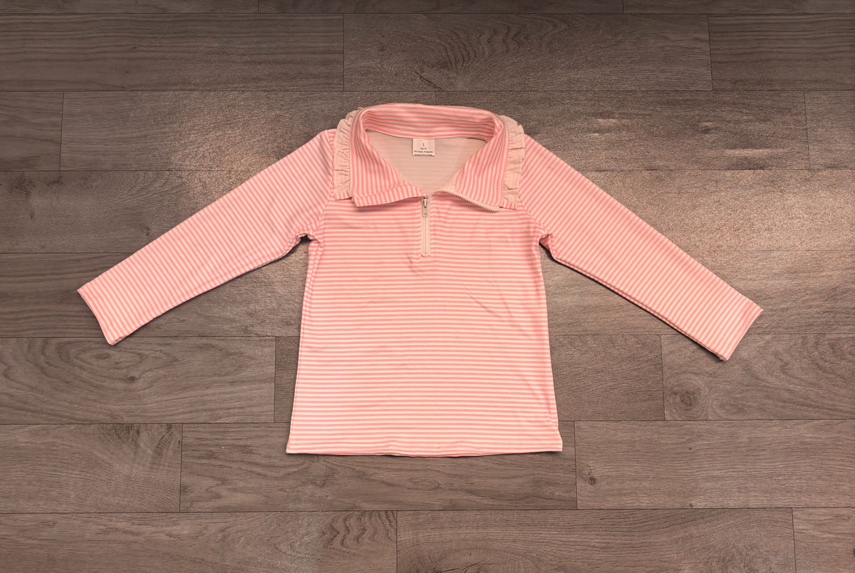 ( No moq ) Preorder Baby Girls Kids Long Sleeves Pink Stripes Zipper Pullover Shirt Clothes