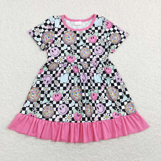 GSD0757 Baby Girl Short Sleeves Smile Floral Checkered Dress