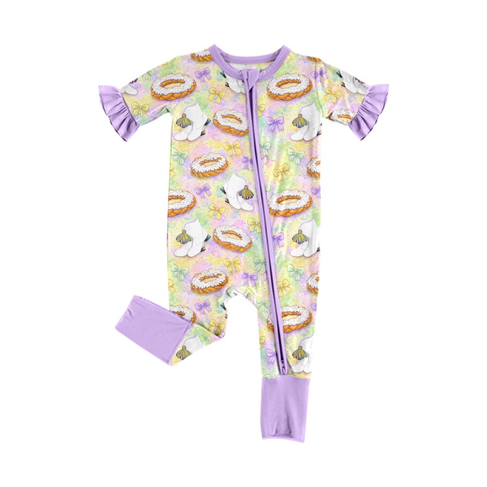 ( Moq 5 ) Preorder Baby Girls Infant Donuts Bows Boots Mardi Gras Footie Sleeper Zipper Romper Clothes