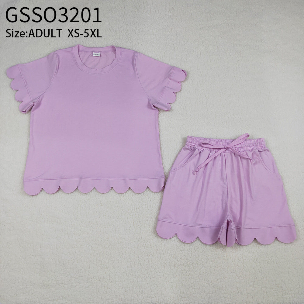 Adult Women Pink Short Sleeves Scallop Shirt Shorts Pajamas Clothes Set RTS