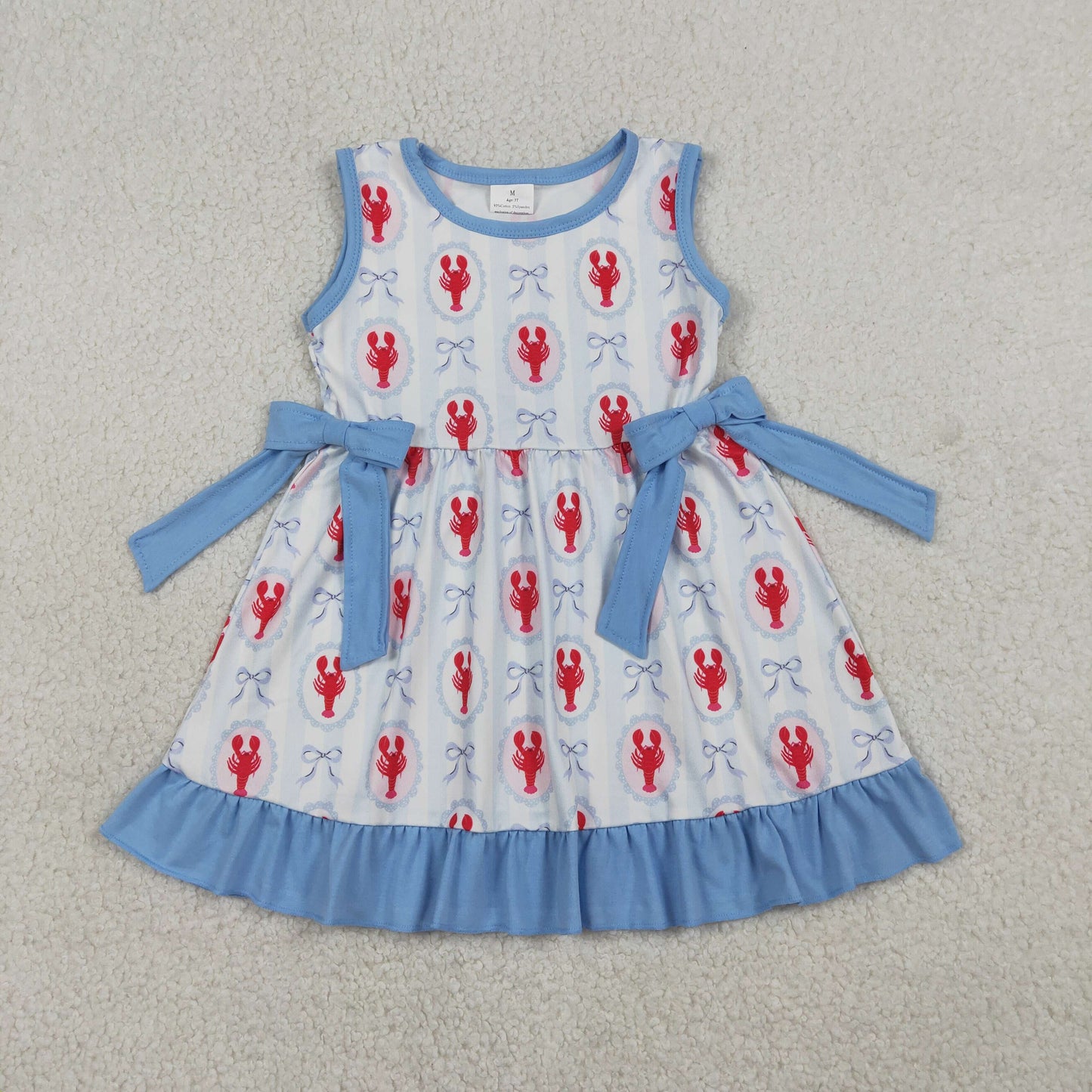 Baby Girls Sleeveless Crawfish Bows Stripes Blue Ruffle Knee Length Dress RTS