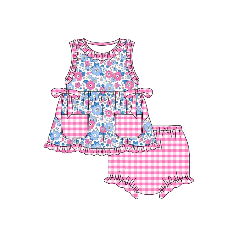 Moq 3 Pre-order GBO0312 Baby Girl Floral Tops Plaid Bummie Shorts Summer Set