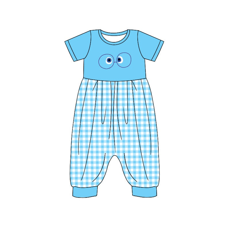 Baby Girl Short Sleeves Blue Plaid Cartoon Jumpsuit