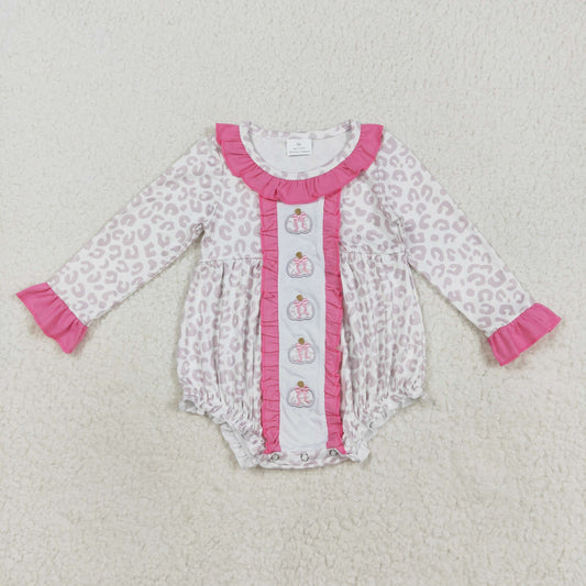 Baby Girl Long Sleeves Leopard Embroidery Bows Pumpkins Bubble Romper RTS