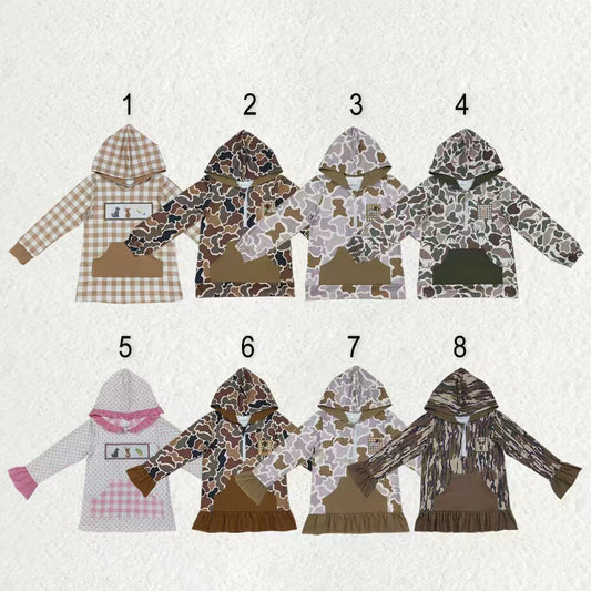Sibling Baby Boys Girls Embroidery Ducks Dogs Deer Pockets Zipper Hunting Camo Hoodie Shirts RTS