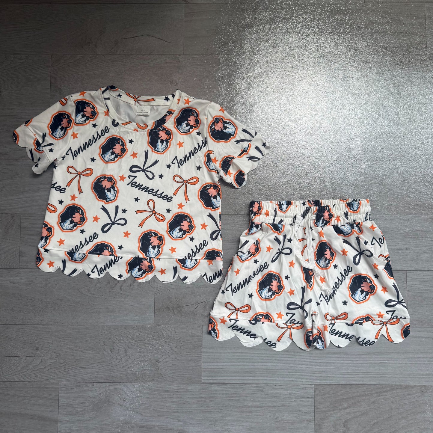 ( No moq ) Preorder Baby Girls Kids Short Sleeves Bows Dogs Team Shirt Shorts Summer Set