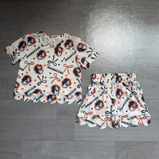 ( No moq ) Preorder Baby Girls Kids Short Sleeves Bows Dogs Team Shirt Shorts Summer Set