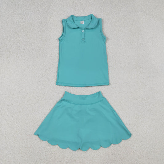 Toddler Girls Sleeveless Buttons Tops Yoga Active Shorts Skirt Skort Green Set RTS