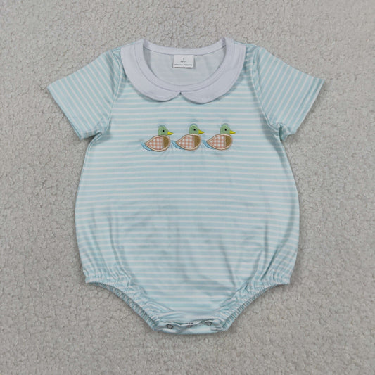 Baby Boys Infant Embroidery Ducks Blue Stripes Bubble Romper RTS