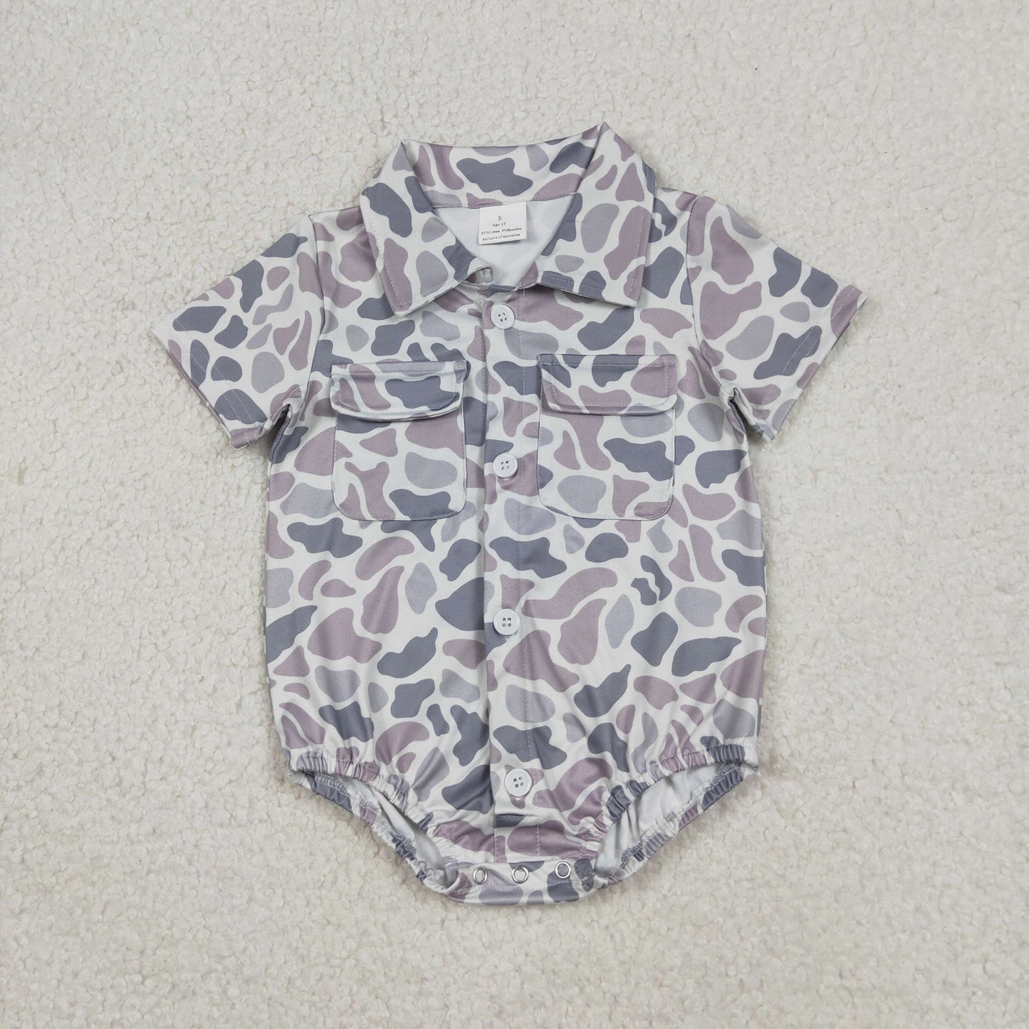 Sibling Baby Boys Infant Short Sleeves Camo Print Pockets Buttons Hunting Bubble Rompers RTS
