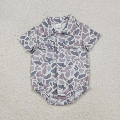 Sibling Baby Boys Infant Short Sleeves Camo Print Pockets Hunting Buttons Bubble Rompers RTS