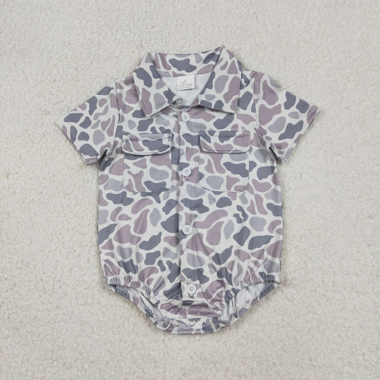 Baby Boys Infant Short Sleeves Grey Camo Pockets Buttons Bubble Romper RTS