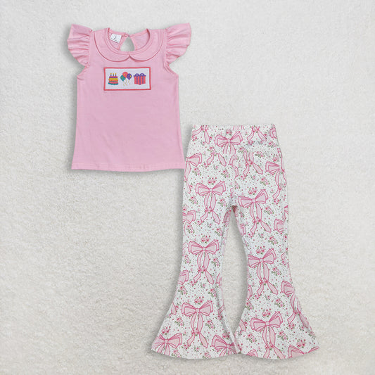 Baby Girls Kids Short Sleeves Embroidery Shirt Bows Flower Pants Set Birthday Clothes RTS