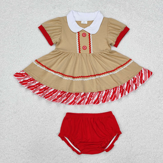 Baby Girl Short Sleeves Christmas Gingerbread Tunic Red Bummie Set