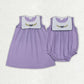 Sibling Baby Girls Kids Sleeveless Mardi Gras Embroidery Bows Purple Romper Dress RTS