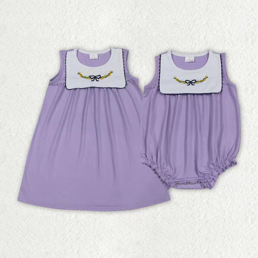 Sibling Baby Girls Kids Sleeveless Mardi Gras Embroidery Bows Purple Romper Dress RTS