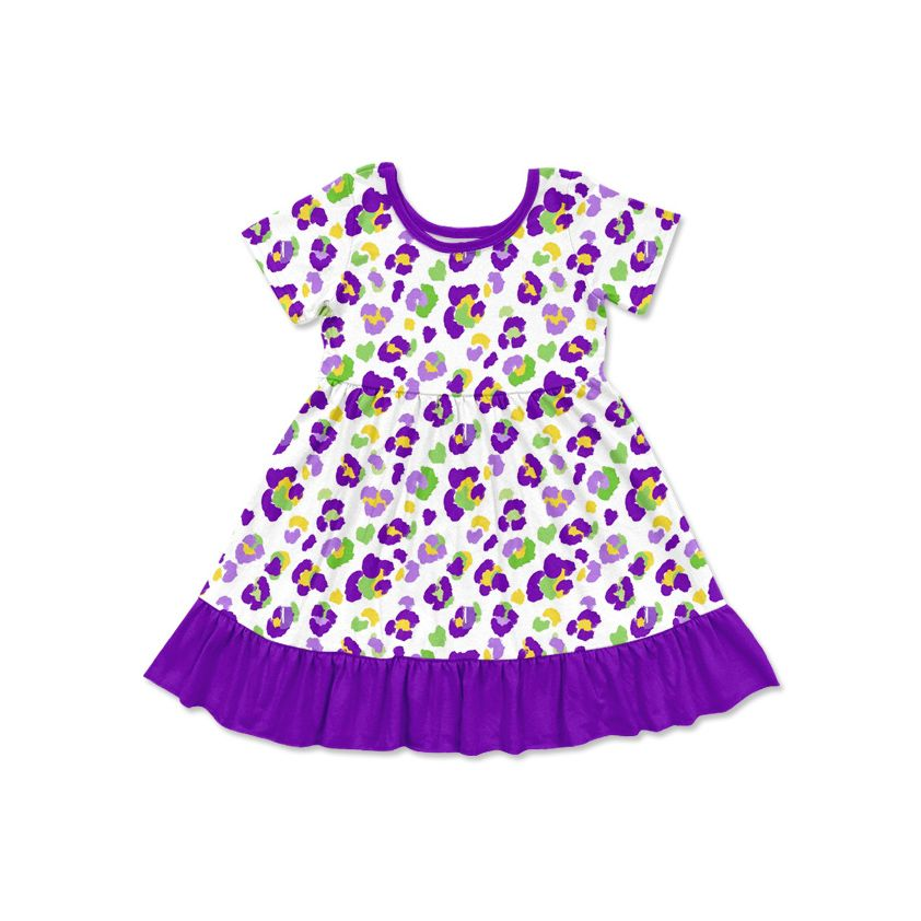 ( Moq 5 ) Preorder Baby Girls Kids Short Sleeves Leopard Mardi Gras Dress Clothes